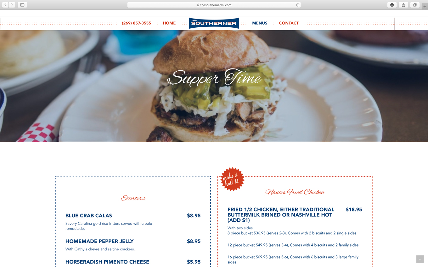 restaurant diner vintage website design with online menus for the southerner in saugatuck michigan