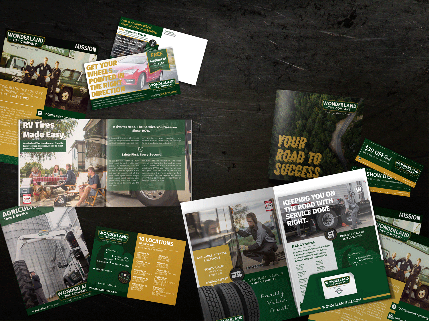 print marketing materials including brochures, folders, and mailers designed for wonderland tire company in michigan