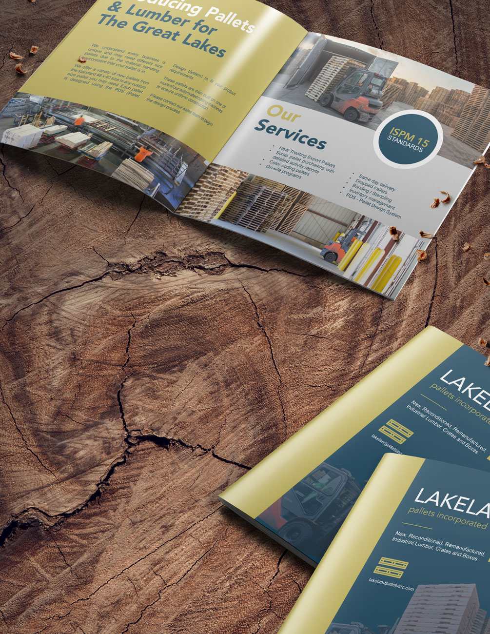 mockup showing clean industrial Print Brochure design for a pallet company in Michigan