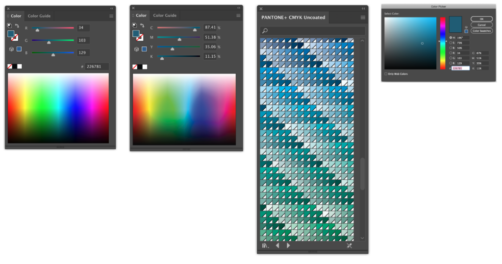 Examples of RGB, CMYK, Pantone, and Hex color spaces. 