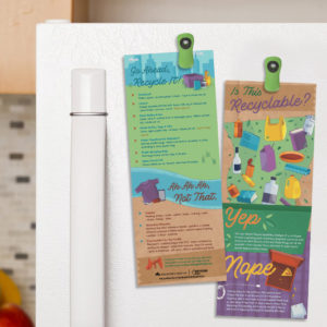 Illustrated informational cards hanging on the side of a refrigerator that explain what is recyclable and what is not