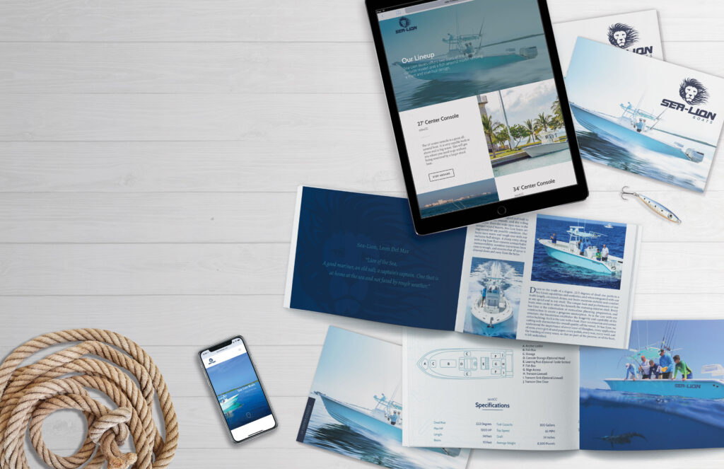 Sea Lion Boats branded materials including a website and several printed brochures