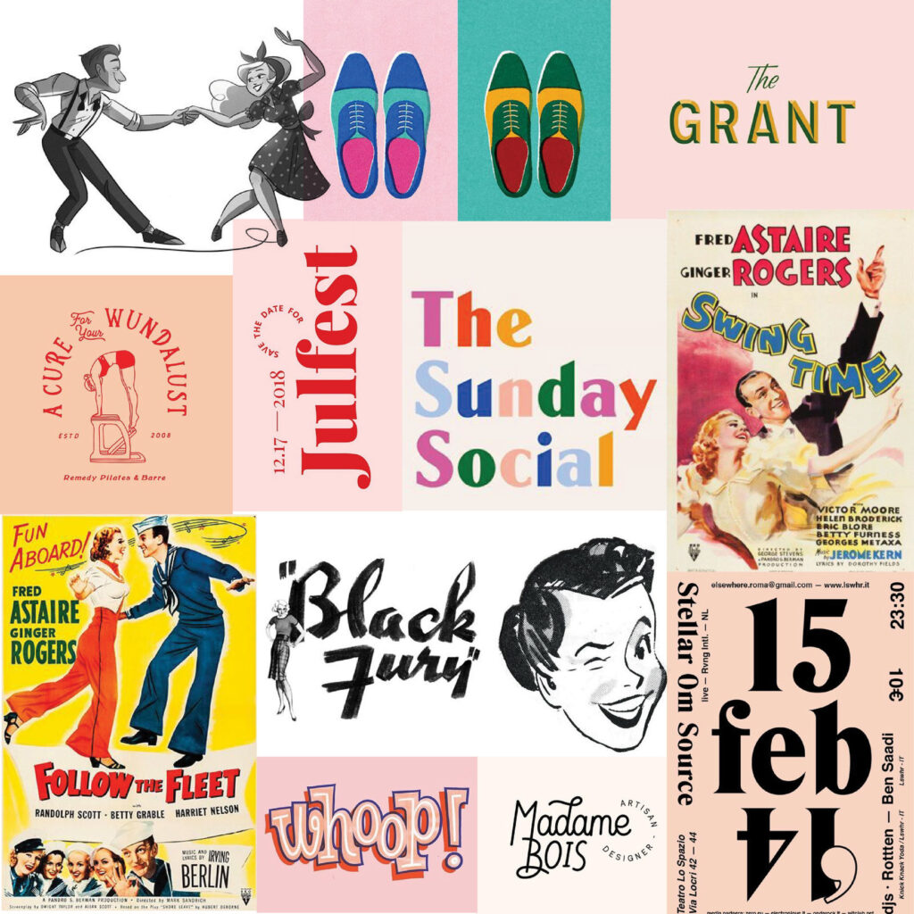 A moodboard created for the Swing Society made up of bright colors, vintage typography, and dancing reference photos. 