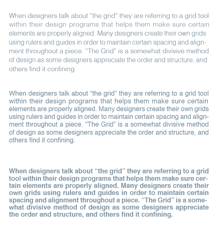 Paragraphs of text, shown in different shades of blue, showing how type color often correlates to type weight. 